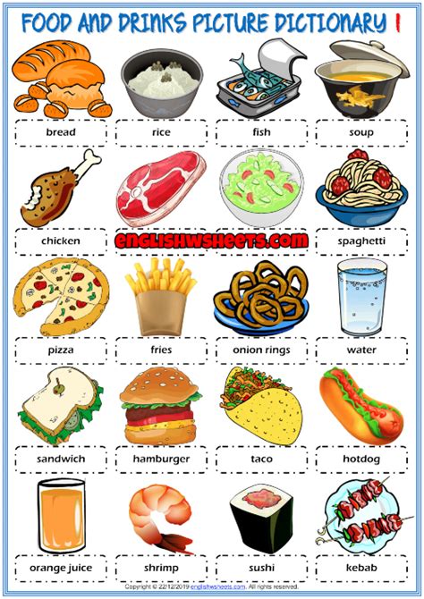 Food And Drinks Esl Picture Dictionary Worksheets