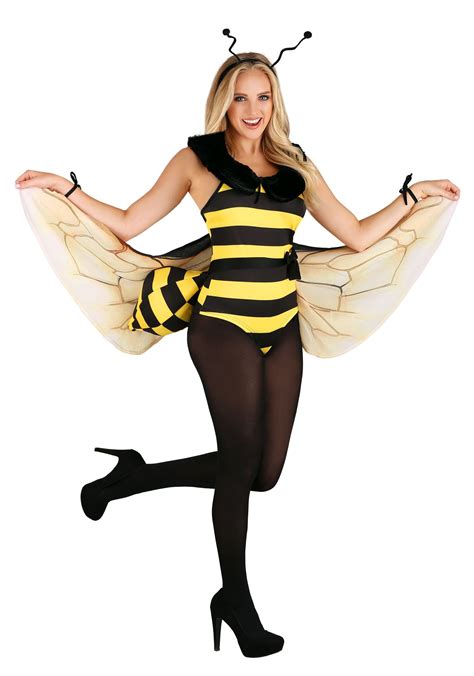 Adult Women Cute Bee Queen Costumes Cosplay Black Yellow Stripe Add Sex Dress With Bee Wings