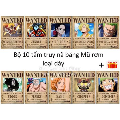 Bộ 10 Tấm Truy Nã Băng Mũ Rơm Onepiece Wanted Poster Size A4 A5 A6