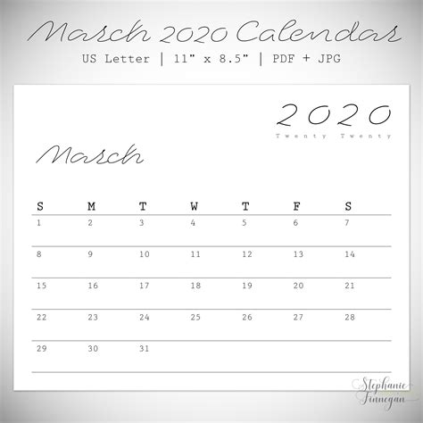 March 2020 Calendar Printable Letter Size Monthly Calendar