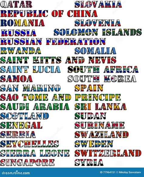 Country Names In Colors Of National Flags Complete Set Letters Q R