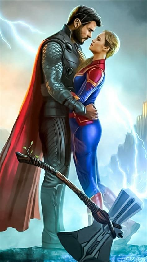 4k Wallpaper Thor And Captain Marvel Love Hd Wallpaper