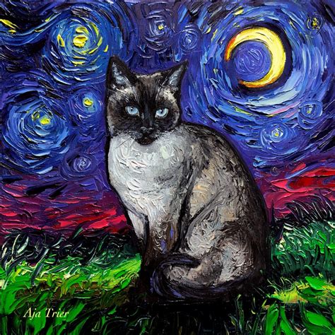 Siamese Cat Art Canvas Print Starry Night Ready To Hang Wall Etsy