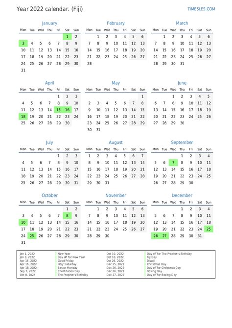 Calendar For 2022 With Holidays In Fiji Print And Download Calendar