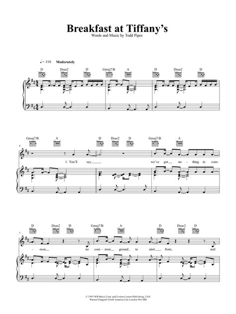 Breakfast At Tiffanys Piano Vocal And Guitar Chords Right Hand Melody