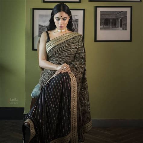 She was seen as the reality show bigg. black saree with gold thread on youtuber priya malik, from ...