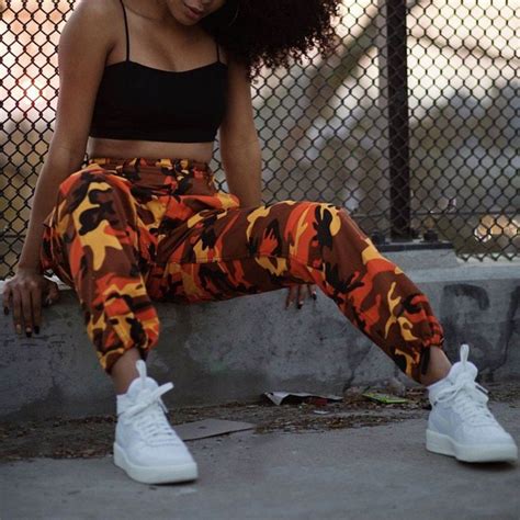 High Waisted Cargo Pants Baggy Loose Trousers Casual Orange Camouflage Printed Vintage Pants