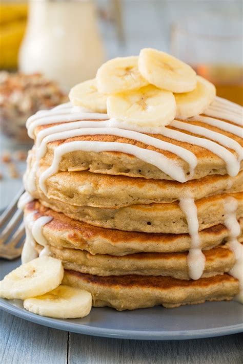 For each pancake, pour scant 1/4 cup batter onto hot lightly greased griddle; Banana Bread Pancakes with Cream Cheese Glaze - Cooking Classy