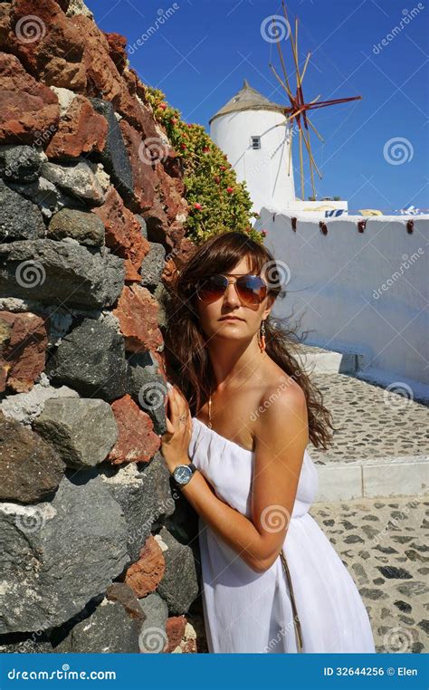 Beautiful Woman On Santorini Oia Town Stock Photo Image Of Girl Landscape