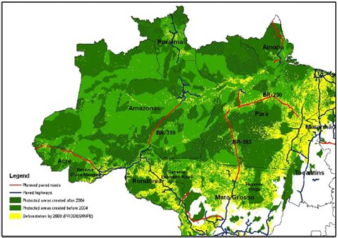 Map Showing Deforestation Patterns Main Roads And Protected Areas In