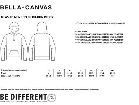 Bella Canvas Unisex Hooded Pullover Sweatshirt 3719 Size Chart