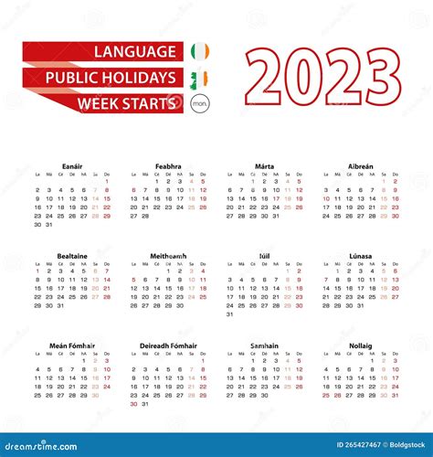 Calendar 2023 In Irish Language With Public Holidays The Country Of