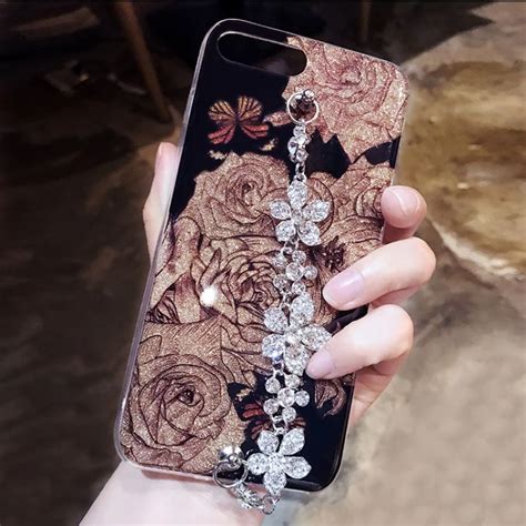 Luxury Crystal Diamond Flower Bracelet Chain Soft Tpu Cover For Iphone