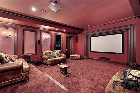 Large Pink Home Cinema With Rustic Leather Chairs And Sofas Home