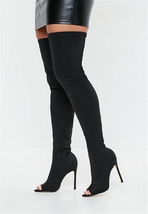 black stretch pointed peep toe over the knee heeled boot missguided thigh high boots heels