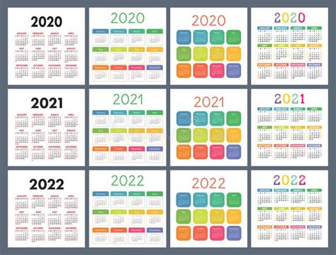 Calendario 2020 2021 2022 Aos Calendario Del Bolsillo Sistema Colorido Comienzo De La Semana