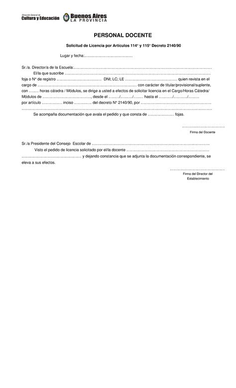 Formulario De Licencias 114 Y 115 1 PERSONAL DOCENTE Solicitud De