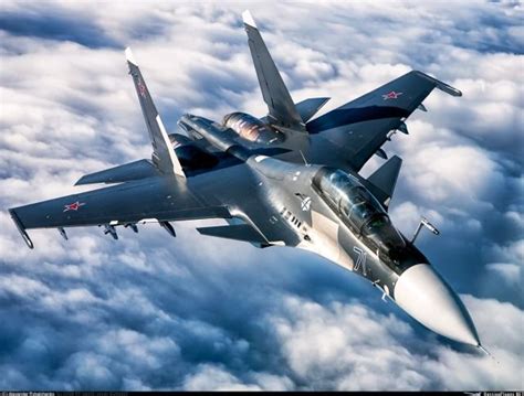 The Russian Navy Su 30sm Flying With Extended Refuelling Probe Over The