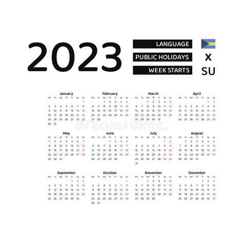 Bahamas Calendar 2023 Week Starts From Sunday Vector Graphic Design