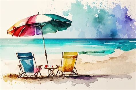 Premium Photo A Watercolor Painting Summer Scene Of A Beach With