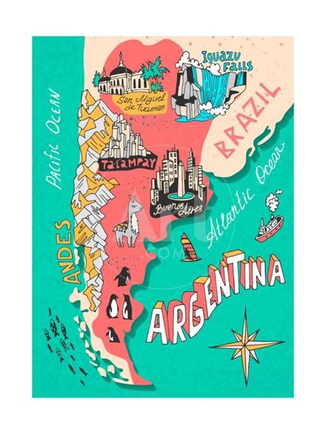 Illustrated Map Of Argentina Travel Cartography Art Print Dariai