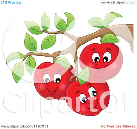 Cartoon Of Happy Red Apple Characters On A Tree Royalty Free Vector
