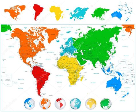 Mapa Do Mundo Com Continentes Coloridos E Globos 3d Vetores De