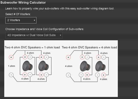 Our subwoofer wiring calculator allows you to figure out how to wire your dual 1 ohm, dual 2 ohm, and dual 4 ohm subwoofers in several different qualities. Wiring Mono Amp to DVC 2 ohm Sub | Tacoma World