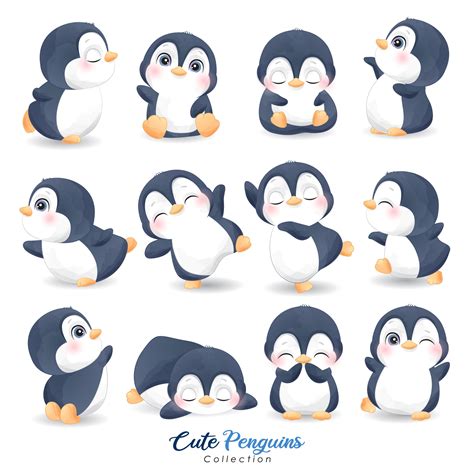 Cute Little Penguin Poses Clipart With Watercolor Illustration Etsy