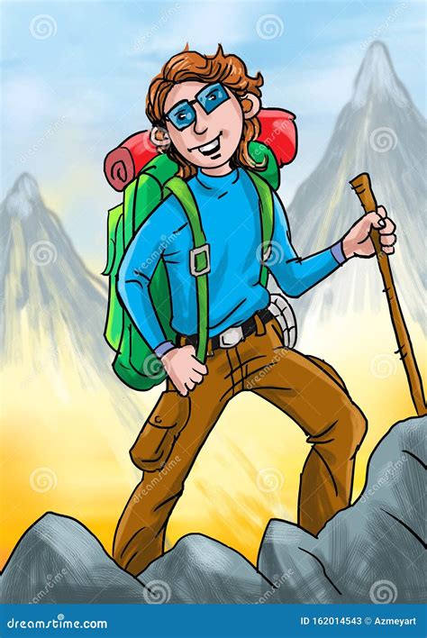 Happy Hiker After He Reach On The Top Of Mountain Stock Illustration
