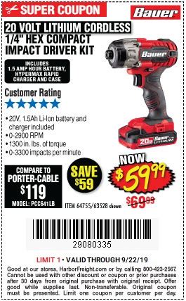 Of torque to handle the most demanding fastening jobs. Only $59.99 for the Bauer 20V Lithium Hex Cordless Impact ...
