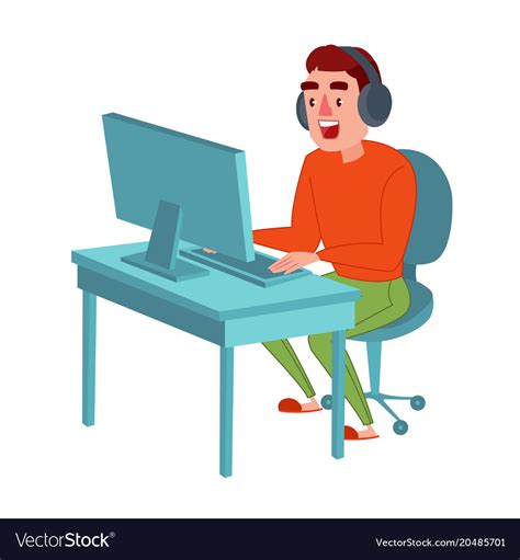 Happy Man With Headphones Playing Computer Game Vector Image