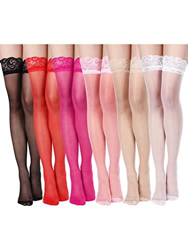 6 pairs thigh high stockings lace tights silky semi sheer stocking for women girls black white