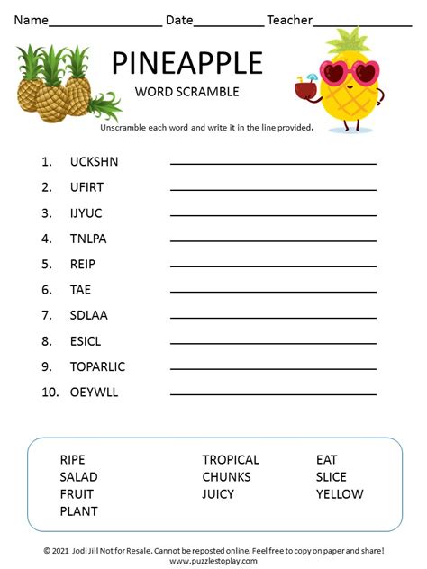 Pineapple Word Scramble For Kids Puzzles To Play