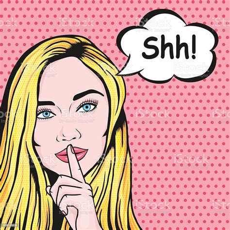 Vector Popart Comic Woman Holding Finger On Lips Shh Hush Stock Vector