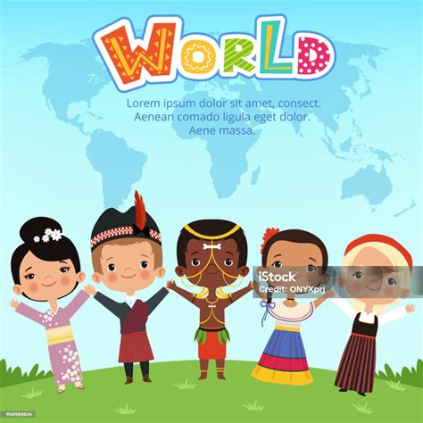 Enfants Dans Le Monde De Différentes Nationalités Debout Sur La Terre