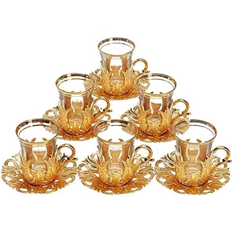 Turkish Tea Sets For Glasses With Brass Holders Lids Saucers Tray