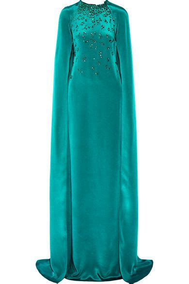 Oscar De La Renta Cape Effect Embellished Silk Satin Gown Teal
