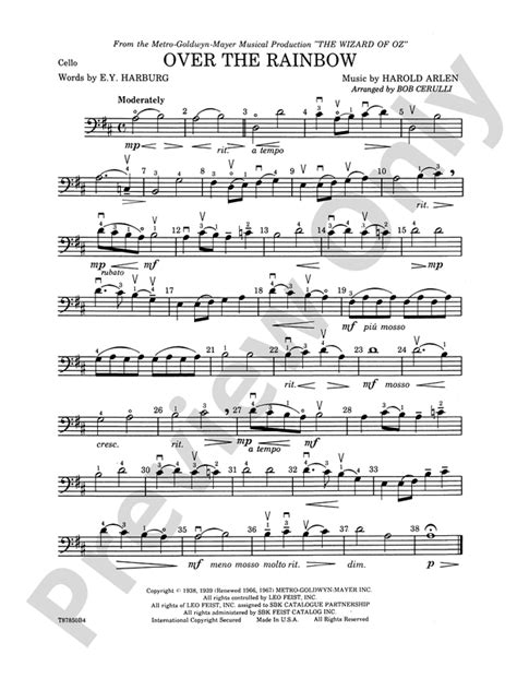 Over The Rainbow Cello Cello Part Digital Sheet Music Download