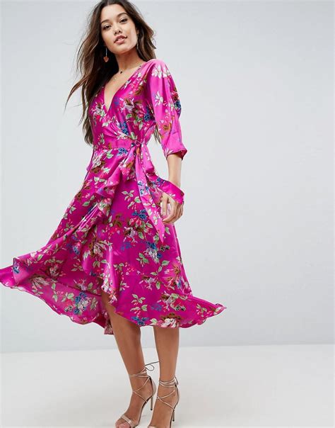 Lyst Asos Wrap Ruffle Midi Dress In Floral Print In Pink