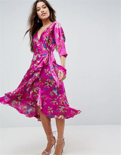 lyst asos wrap ruffle midi dress in floral print in pink