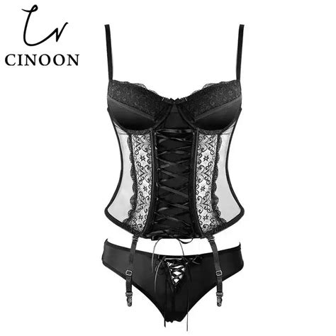 cinoon black sexy lingerie high elasticity corset women underwear lace up bustier mesh overbust