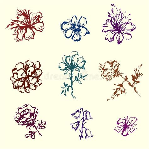 Set Of Hand Painted Flowers Grunge Stroke Elements Stock Vector