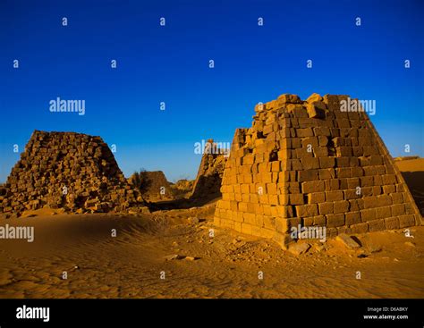 Pyramids And Tombs In Royal Cemetery Of Bajrawiya Meroe Sudan Stock