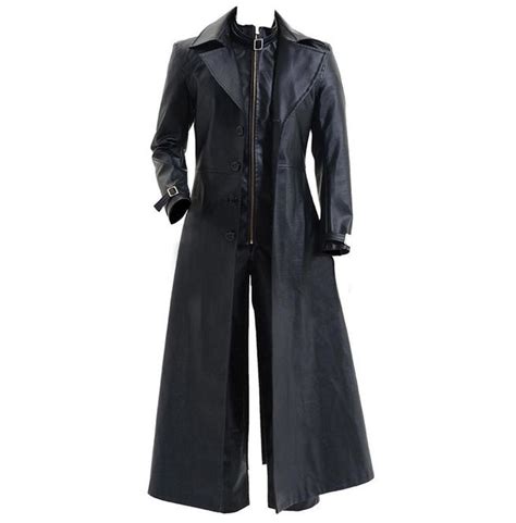 Men Long Spy Goth Leather Coat Rock Party Leather Coat Trench Coat