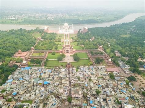 Aerial View Of Taj Mahal Surrounded By Trees And Houses Agra Uttar
