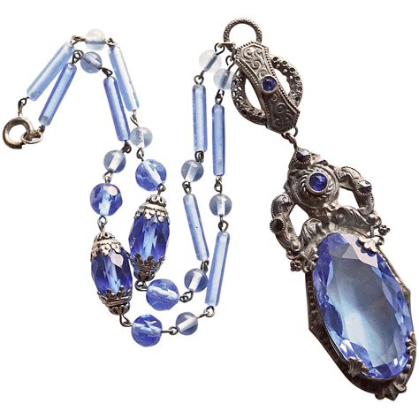 Fabulous Art Deco Blue Glass Necklace Czech Czechoslovakia Signed
