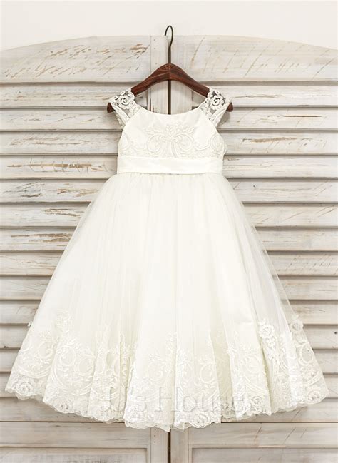 a line princess tea length flower girl dress tulle sleeveless scoop neck with lace 010091207