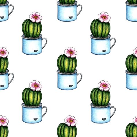 Aquarell Illustration Von Ein Kaktus Muster Mit Ein Blume Wachsend Im Ein Becher Es Ist Perfekt