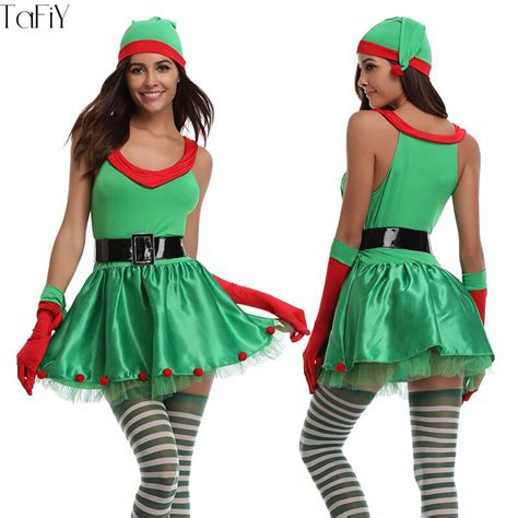 Tafiy Top Quality 4pcs Women Green Christmas Costumes Sexy Christmas Dress Santa Claus Costumes
